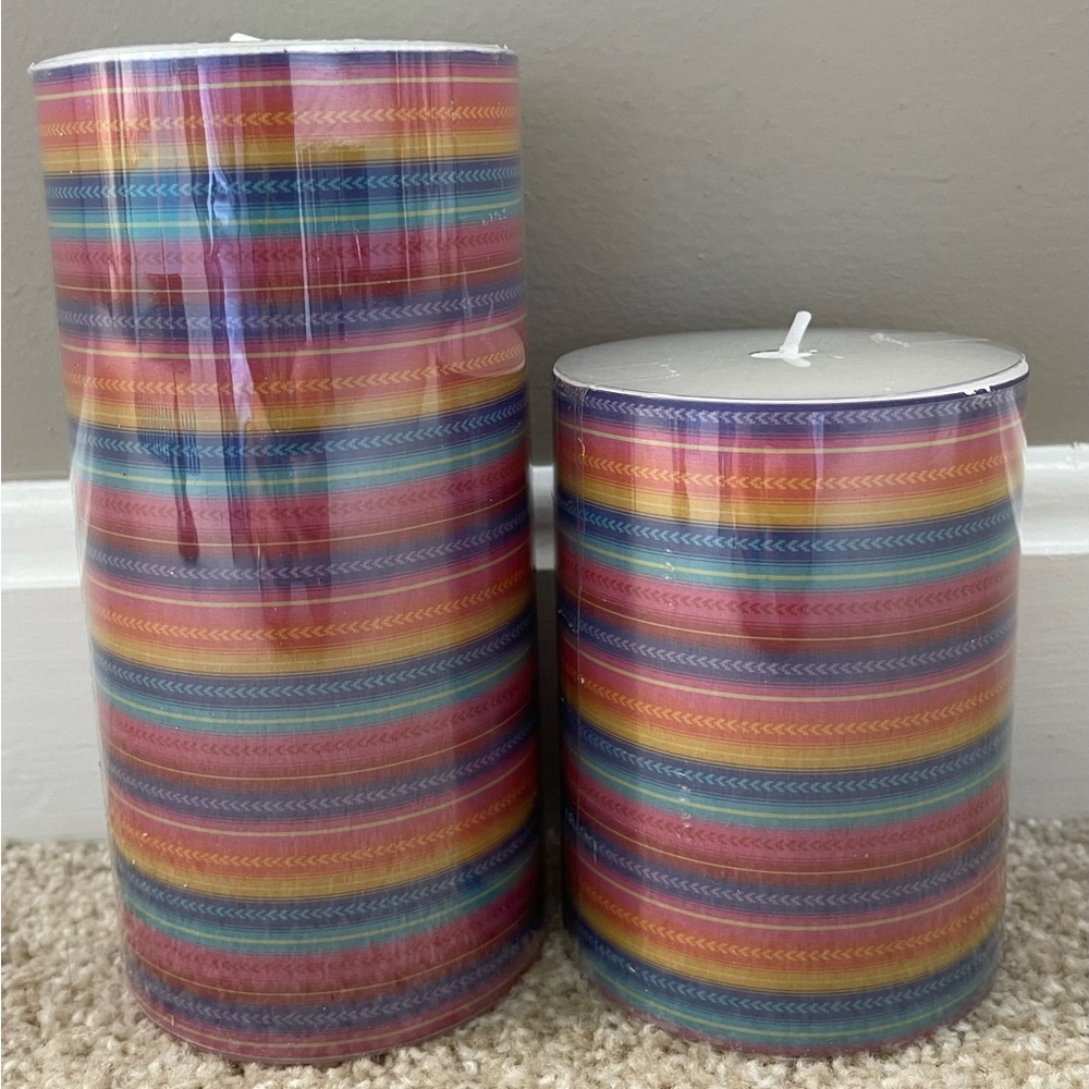 NWT Lot of 2 Day of the Dead Striped Pillar Candles 4” and 6” ASHLAND Home Decor